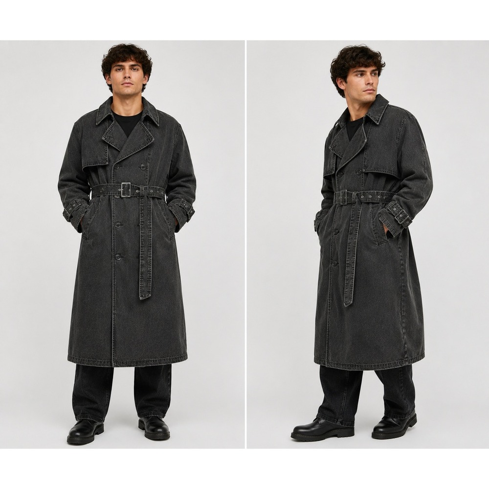 Zara Washed Black Denim Trench Coat Double Breasted Belted Long Jacket L